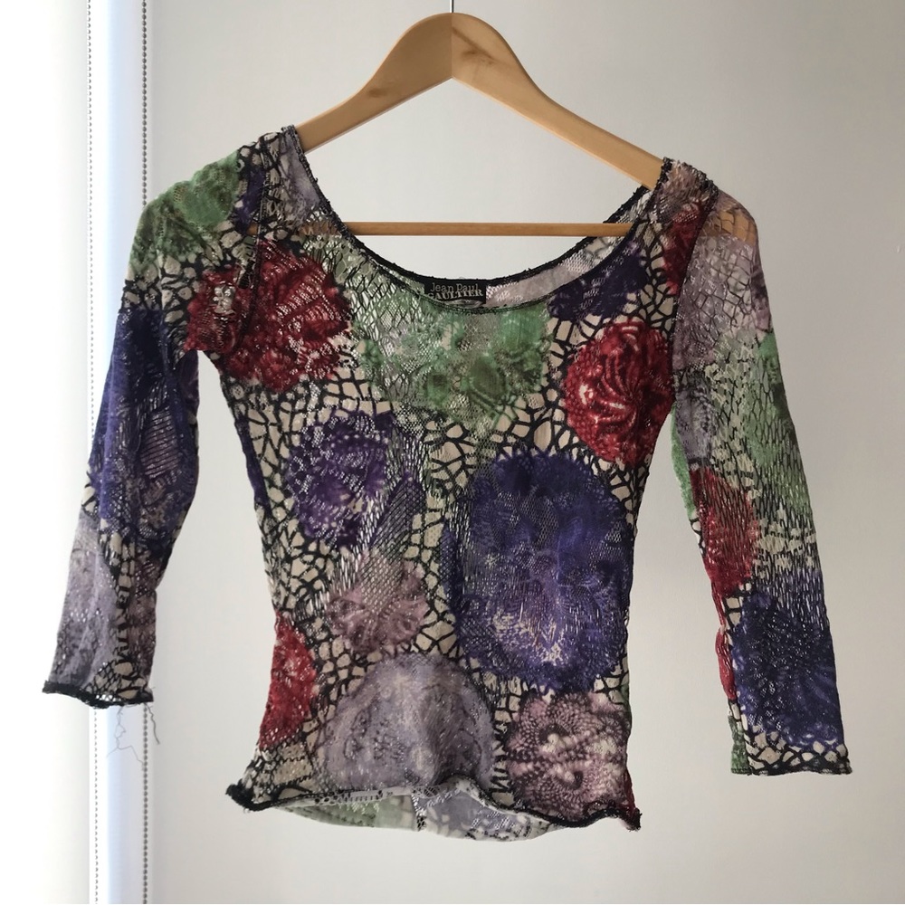 Jean Paul Gaultier Maille 90s vintage crochet sheer tattoo mesh top and skirt